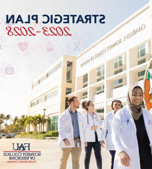 Cover of 2023-2028 Strategic Plan Brochure featuring students outside Boca Raton Schmidt College of Medicine